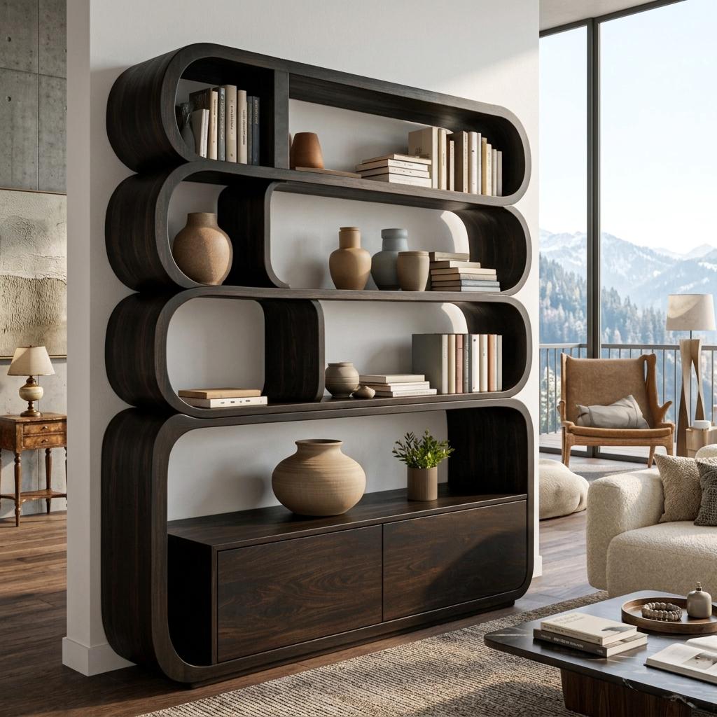 Modern Natural Wood Bookshelf with Curved Structure, Handcrafted Solid Wood Bookcase for Living Room & Office