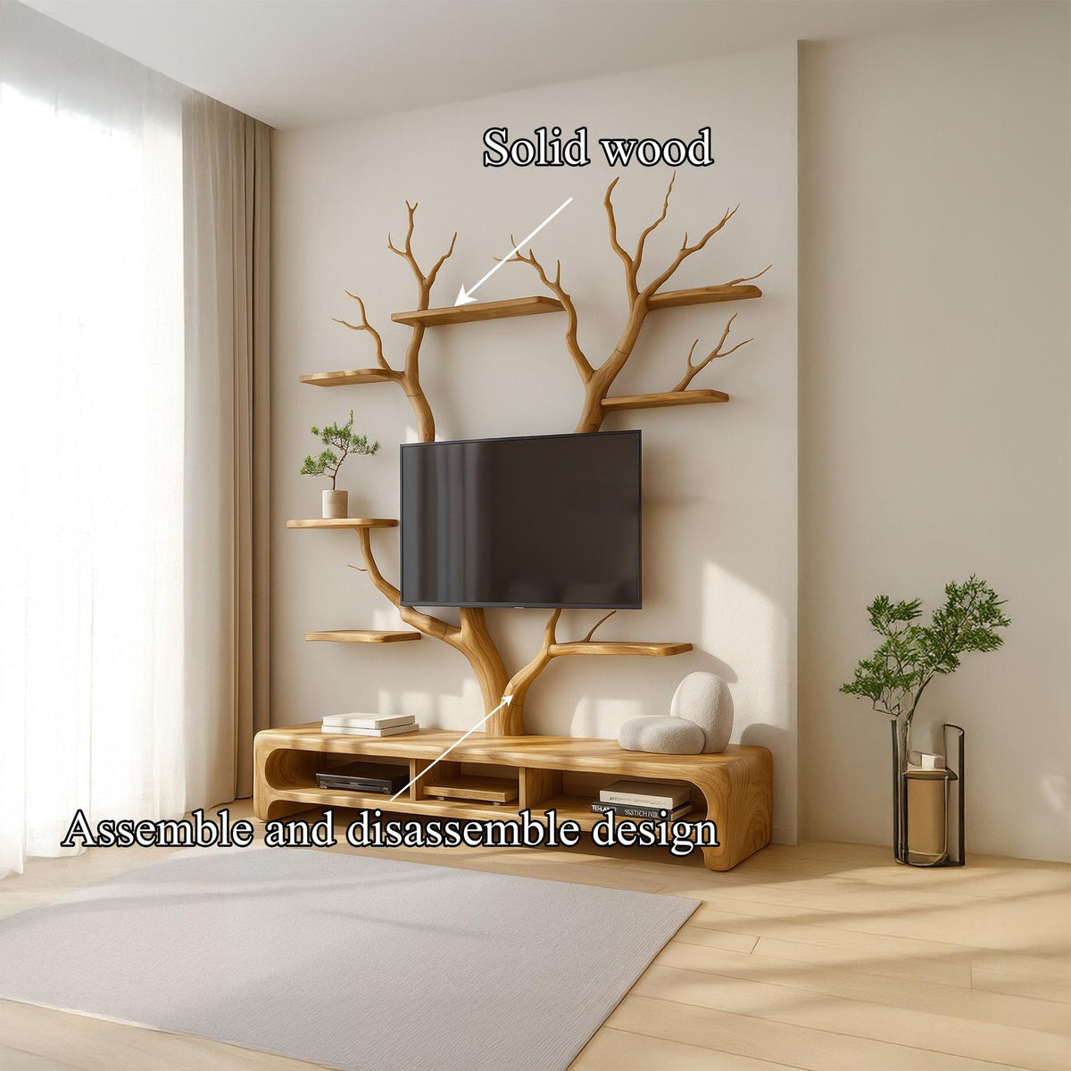 Rustic TV Stand Tree Shelf Living