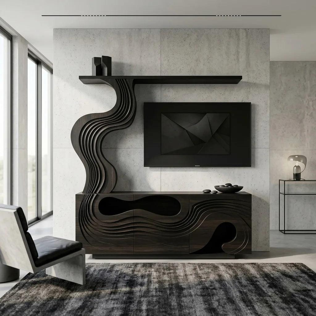 Sculptural Carved Wooden TV Stand With Display Shelf For Living Room
