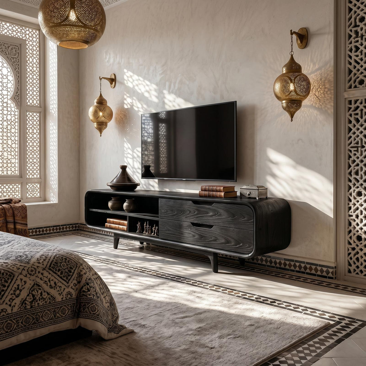 Luxury Walnut TV Cabinet & Media Console, Elegant Master Suite TV Stand with Storage Cupboards, Solid Wood