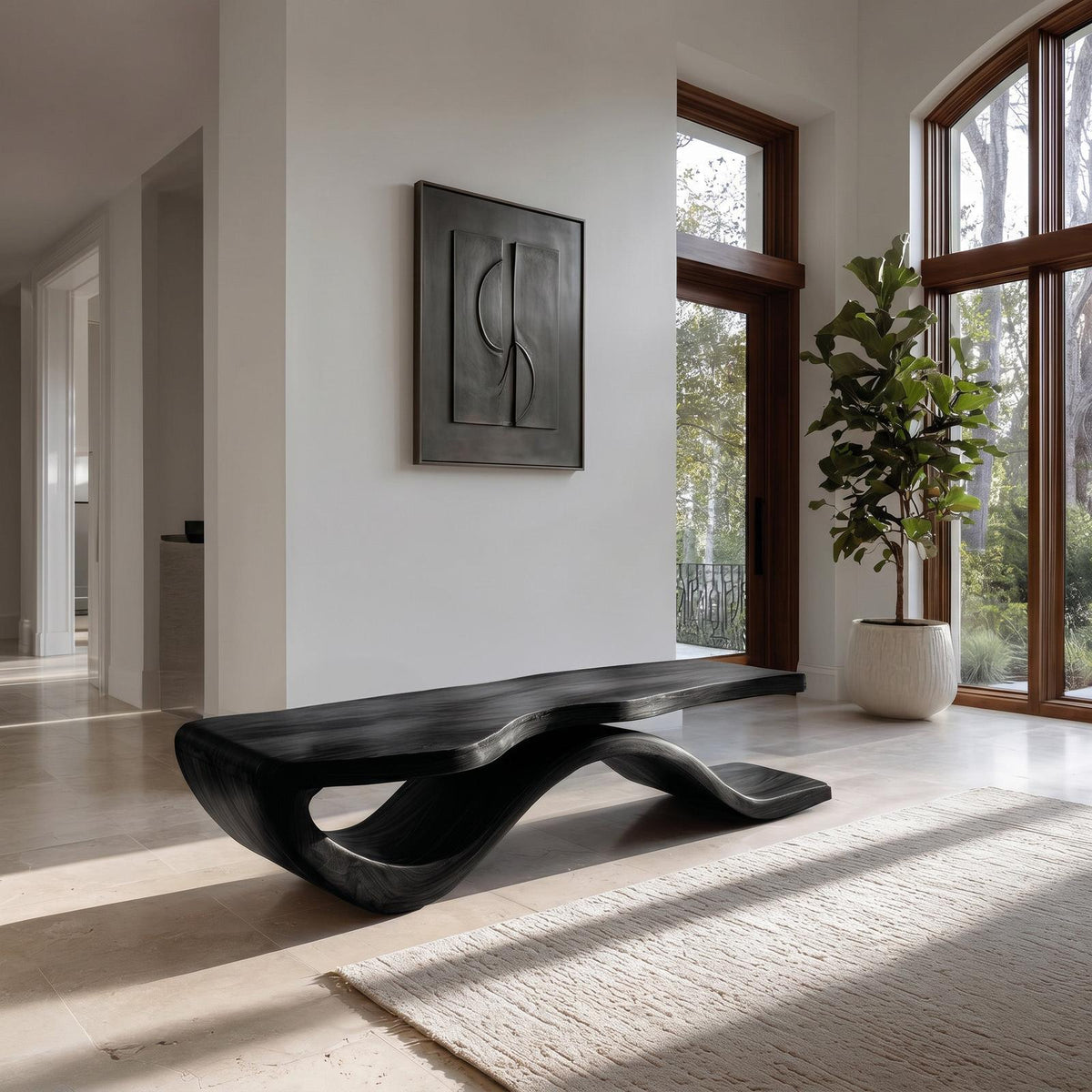 Modern Wave Base Wooden Bench For Entryway