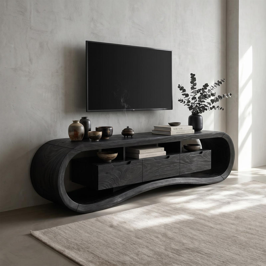 Modern Sculptural TV Stand Console, Handcrafted Solid Wood Media Center Cabinet for Minimalist Luxury Living Room