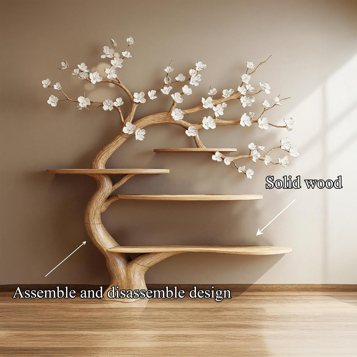 Rustic Organic Tree Bookshelf, Handcrafted Solid Wood Branch Shelving & Artistic Wall Display for Living Room Interior
