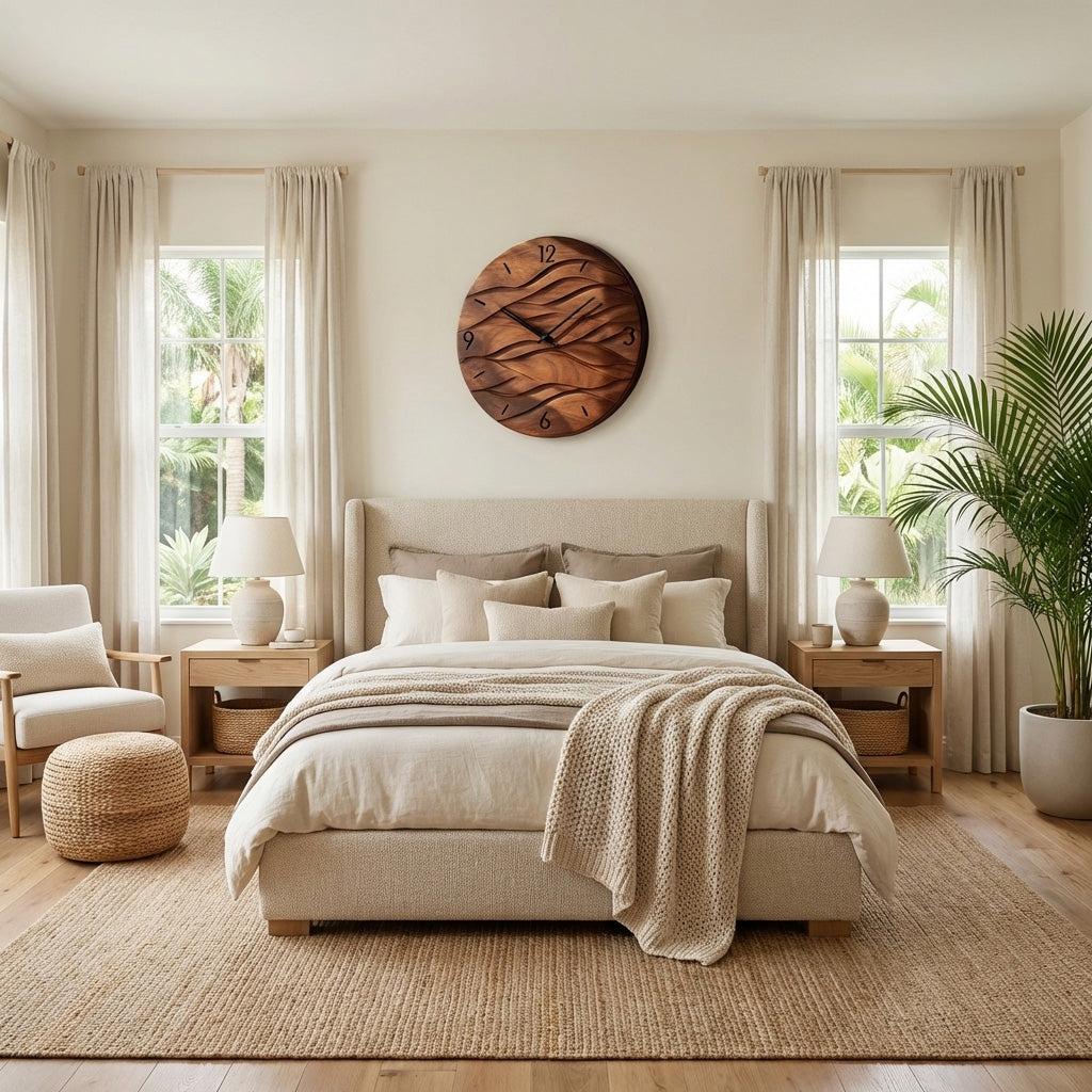 Organic Modern Wood Wave Wall Clock, 3D Hand-Carved Fluid Abstract Clock for Living Room & Bedroom Decor