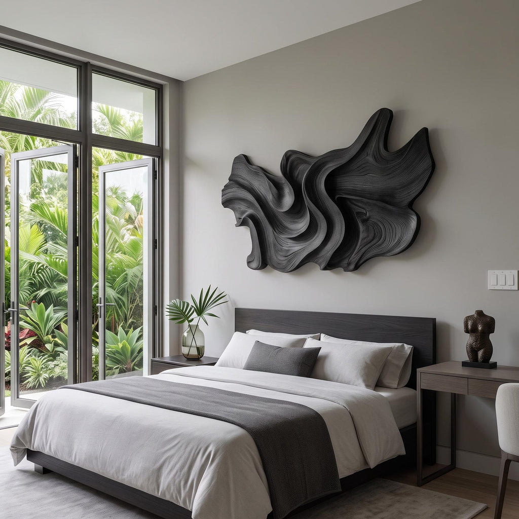 Modern Sculptural Wood Wall Art, 3D Hand-Carved Abstract Geometric Wooden Wall Hanging Panel for Living Room & Bedroom