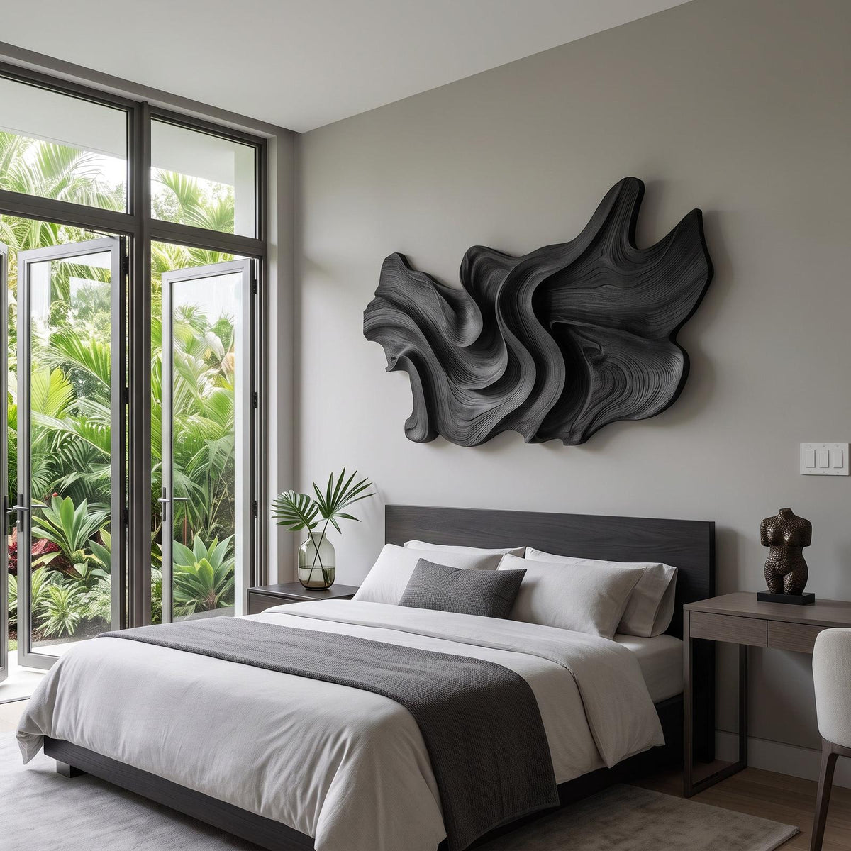 Modern Sculptural Wood Wall Art, 3D Hand-Carved Abstract Geometric Wooden Wall Hanging Panel for Living Room & Bedroom