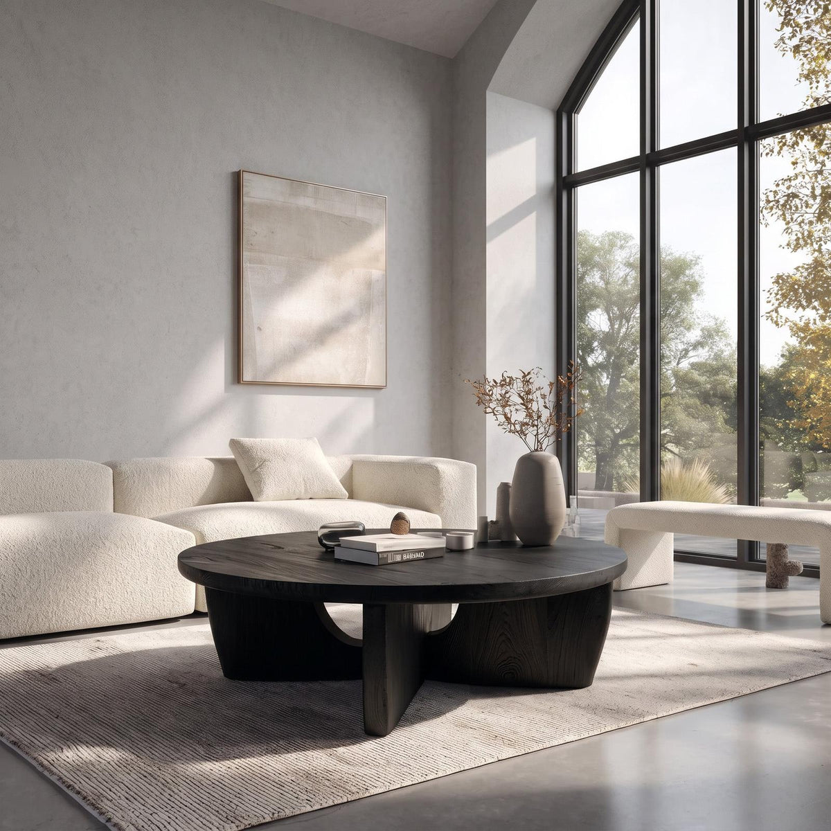Round Wooden Coffee Table with Unique Pedestal Base, Modern Solid Wood Center Table for Living Room, Model