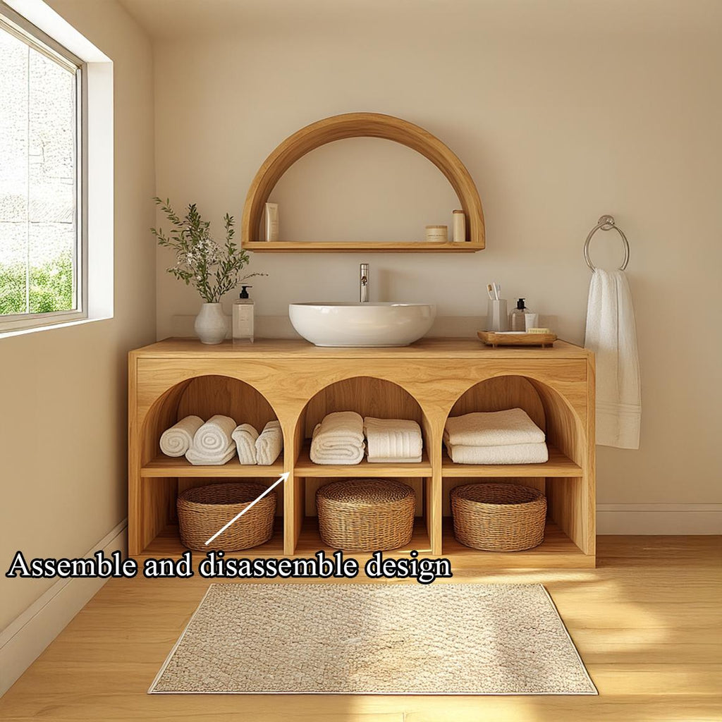 Scandinavian Wooden Bathroom Storage Cabinet with Arched Open Shelves, Natural Wood Linen Organizer for Modern Home