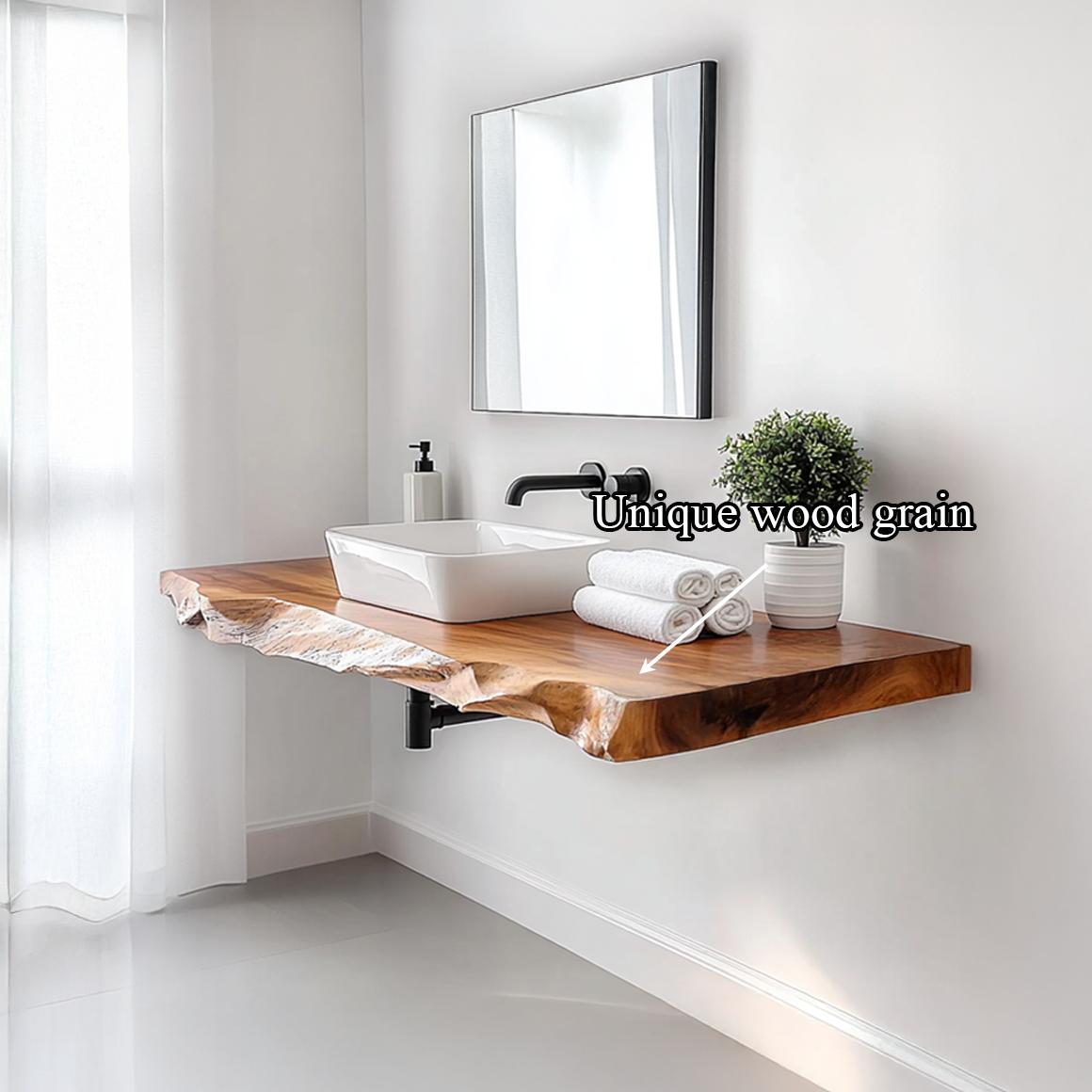 Spry Interior Floating Bathroom Vanity Shelf, Rustic Handcrafted Solid Wood Single Washstand, Wall Mounted Farmhouse Bathroom Storage SINLSABRV229