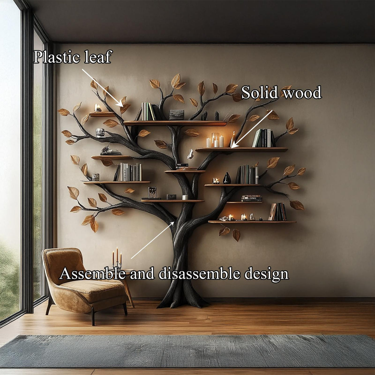 Rustic Halloween Tree Bookshelf, Gothic Style Wood Branch Wall Display Shelf for Cozy Bedroom Decor