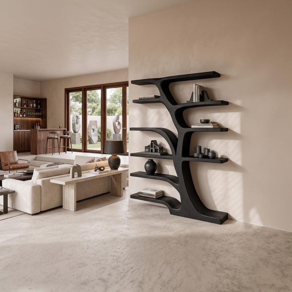 Modern Bookshelf with Flowing Curved Design, Handcrafted Solid Wood Bookcase for Elegant Living Room Display