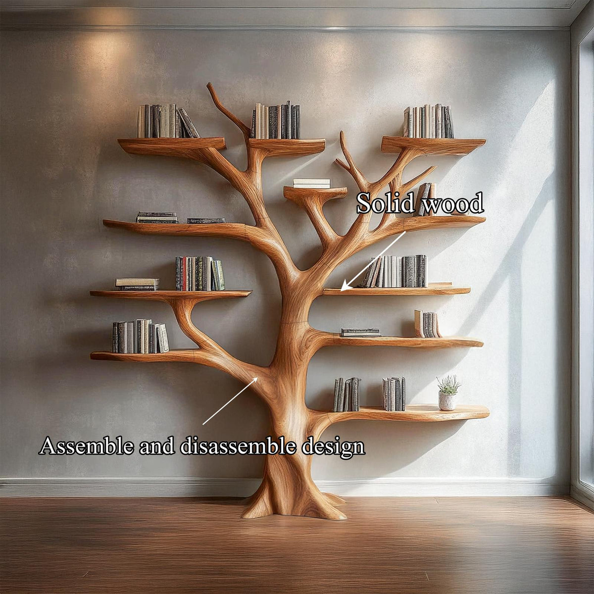 Organic Modern Artistic Wood Bookshelf, Handcrafted Floating Branch Wall Mounted Bookcase for Living Room Decor