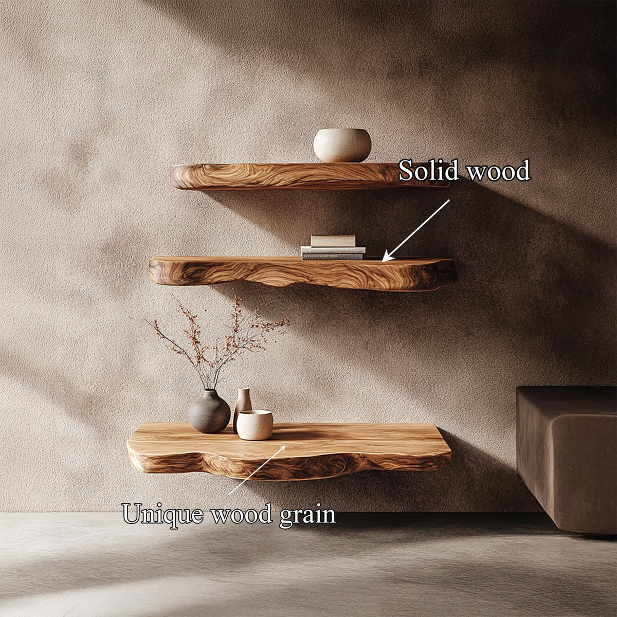 Rustic Nature Inspired Floating Display Shelves Solid Wood Living Room Interior Statement Feature
