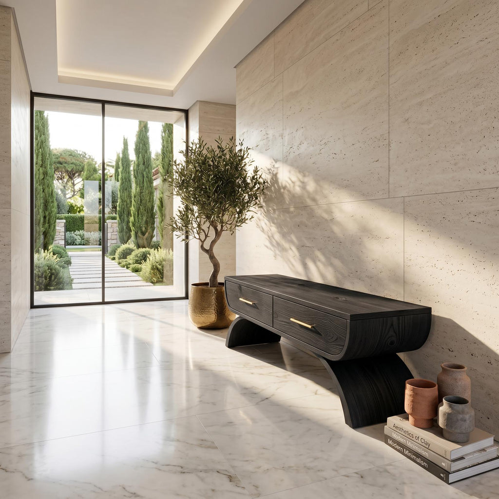 Contemporary Storage Bench with Pull-Out Drawer, Wood Mudroom Entryway Bench & Foyer Storage Organizer