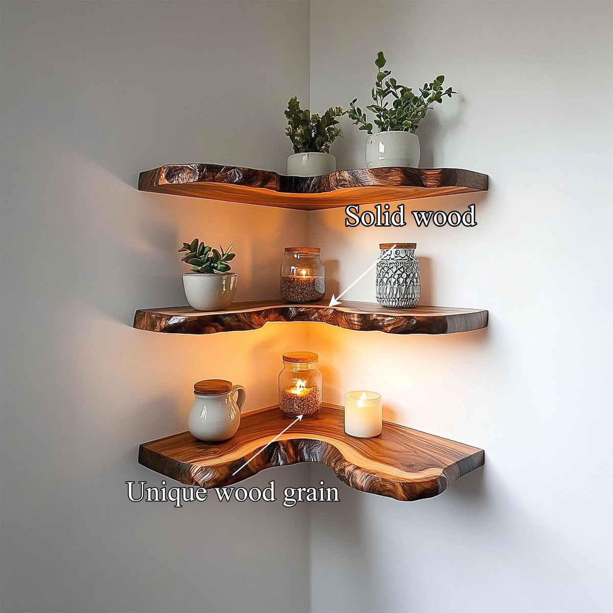 Rustic Live Edge Corner Shelves Solid Wood Living Room Interior Decorative Display