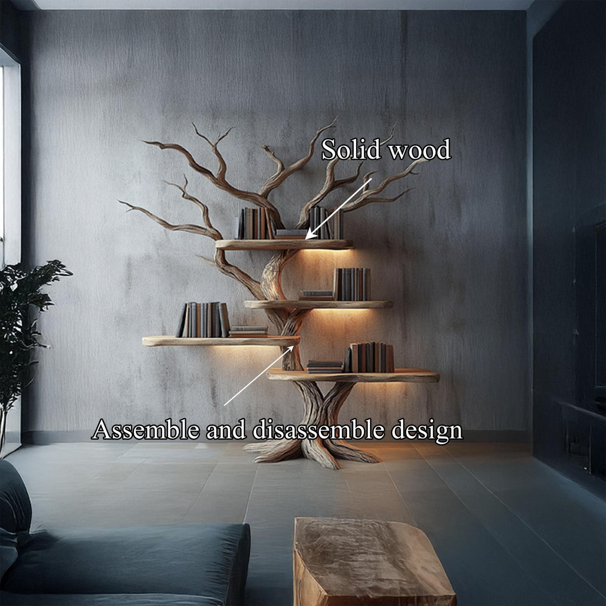 Rustic Branch Bookshelf, Solid Wood Wall Mounted Bookcase & Handcrafted Floating Display Organizer for Study Room Decor