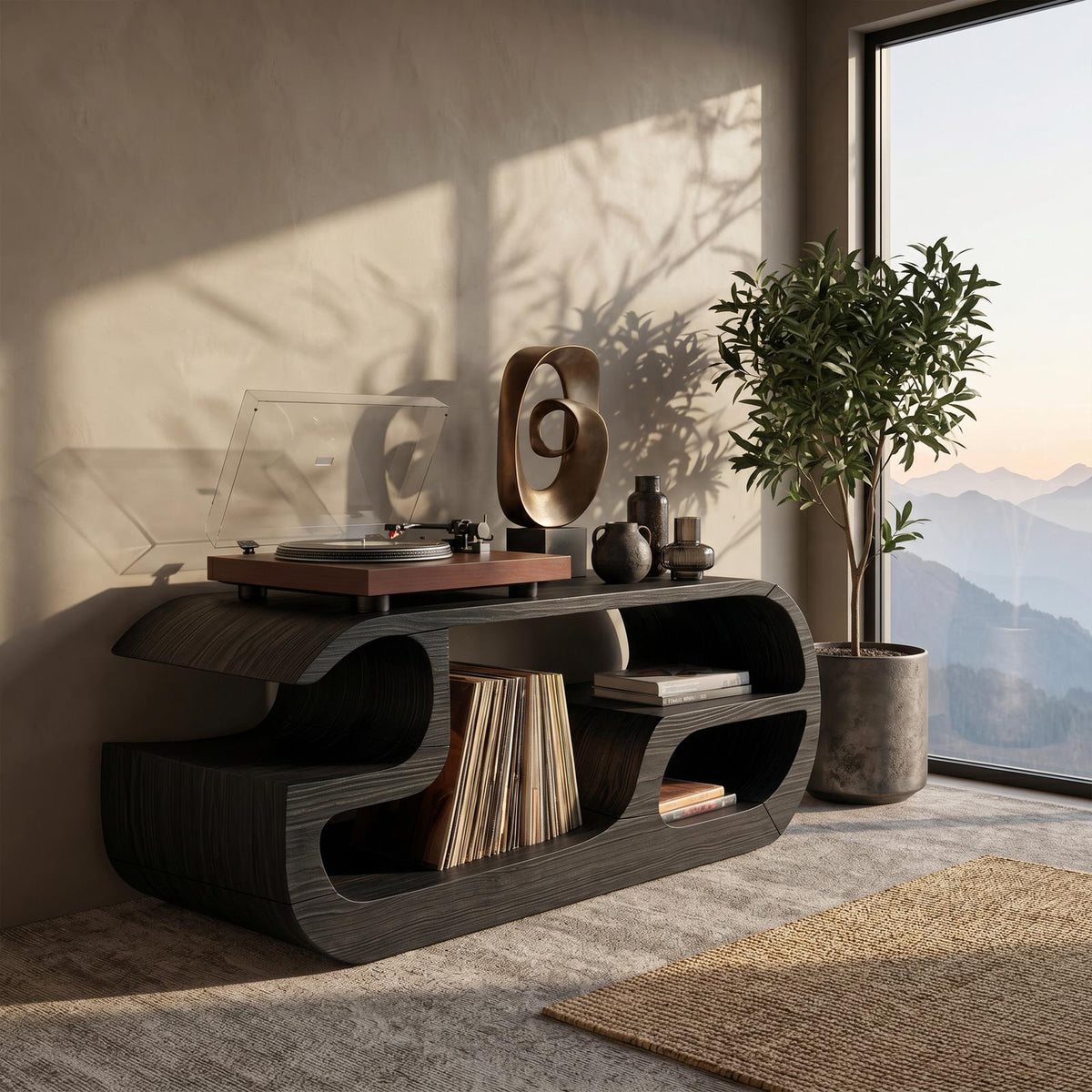 Minimalist Curved Wooden Record Player Stand, Handcrafted Small Space Vinyl LP Storage Cabinet, Model