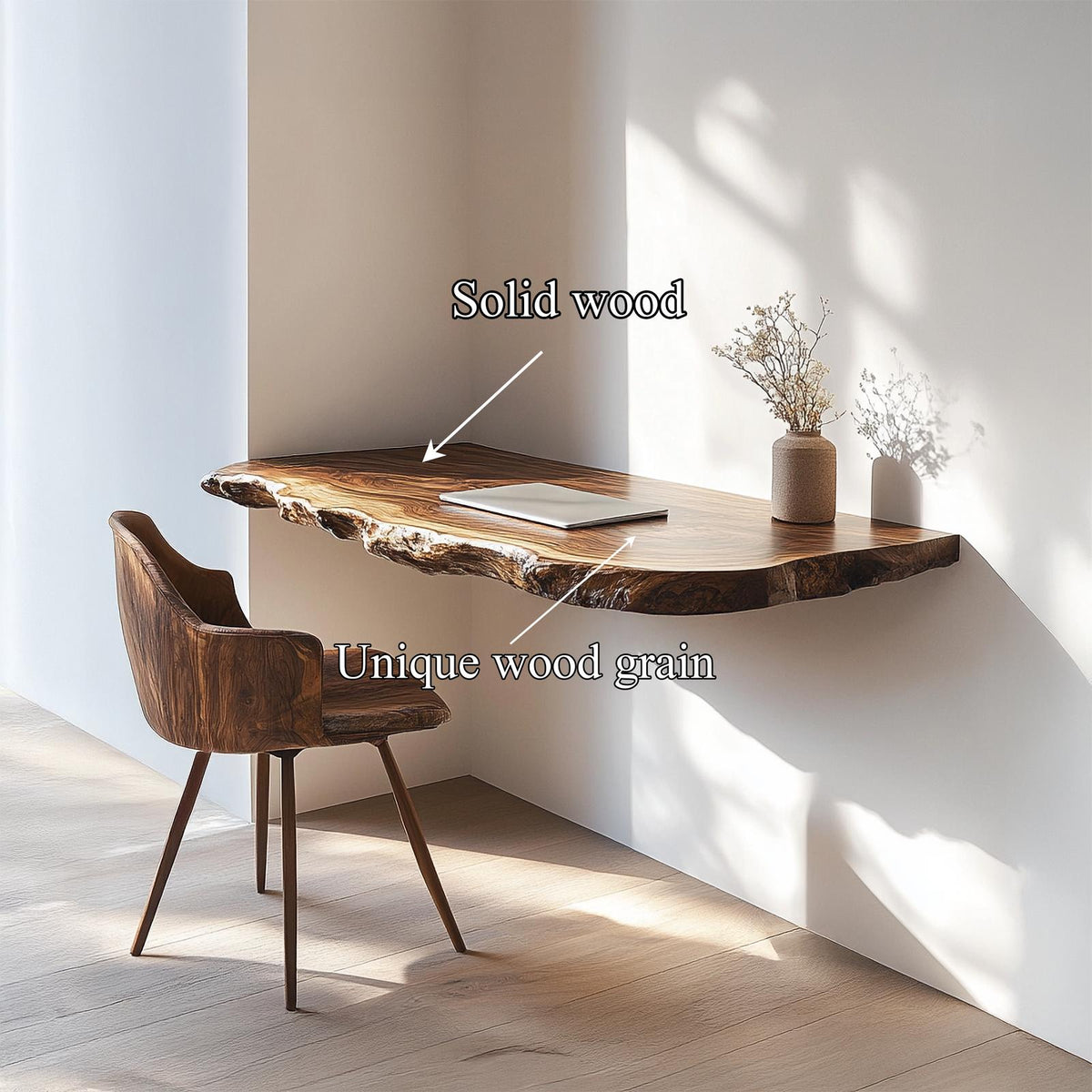 Rustic Live Edge Floating Desk Solid Wood Wall Mounted Office