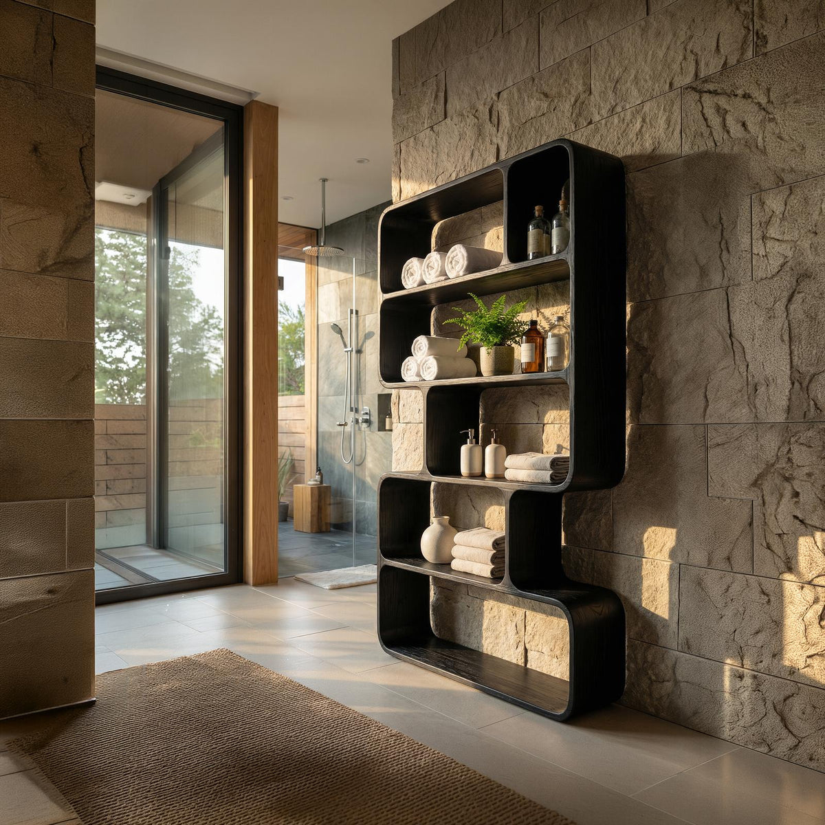 Japandi Sculptural Wood Bookshelf, Wall-Mounted Bathroom Open Storage Display Cabinet & Towel Rack Organizer