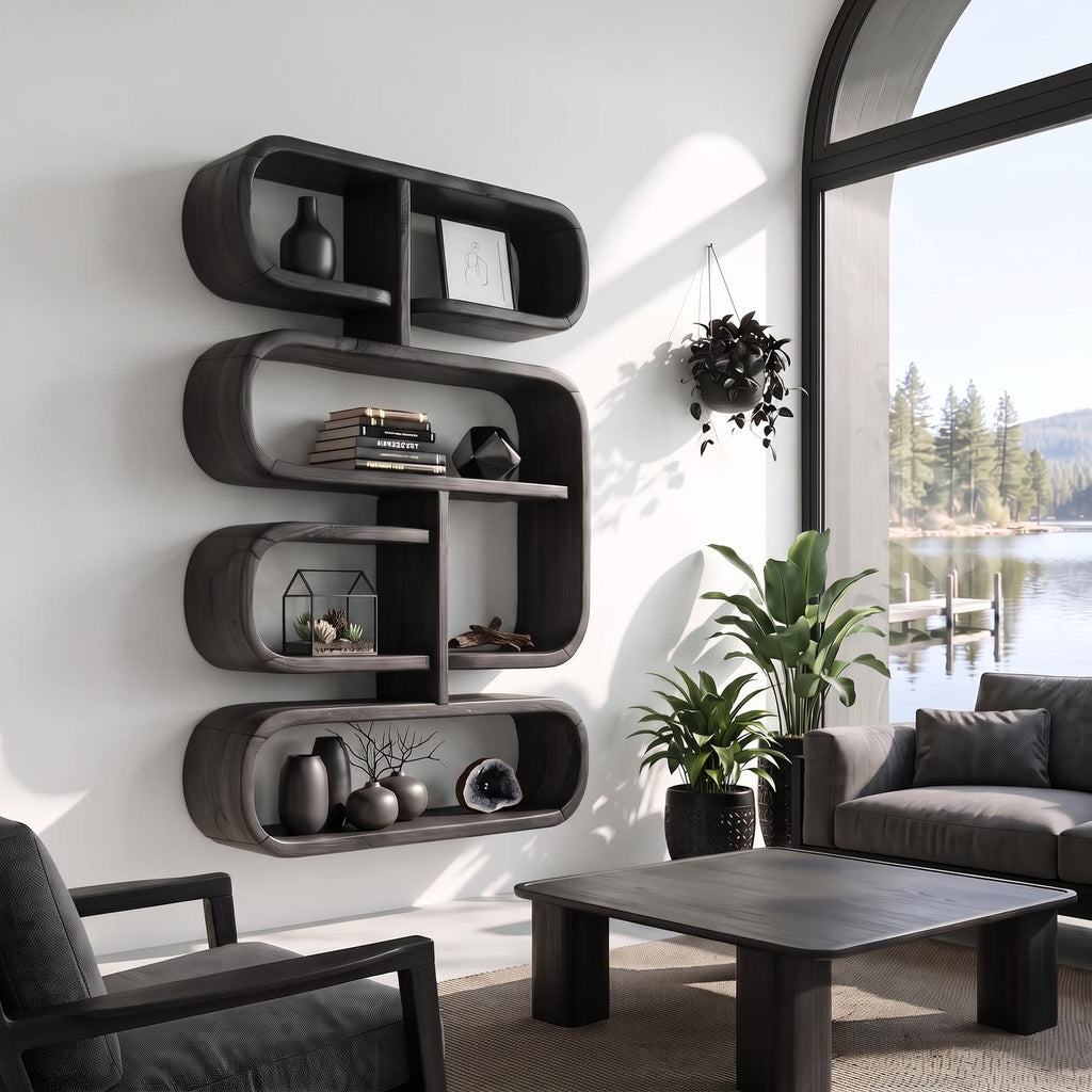 Mid-Century Live Edge Floating Shelf, Rustic Solid Wood Wall Mounted Display Shelf for Living Room