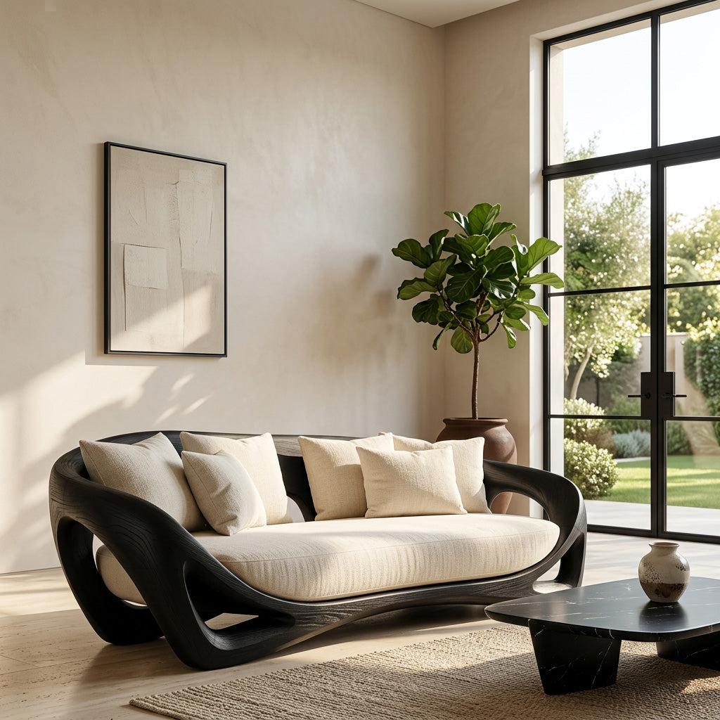 Contemporary Organic Wood Sofa, Modern Designer Couch Loveseat Settee, Timber Lounge Seating for Living Room