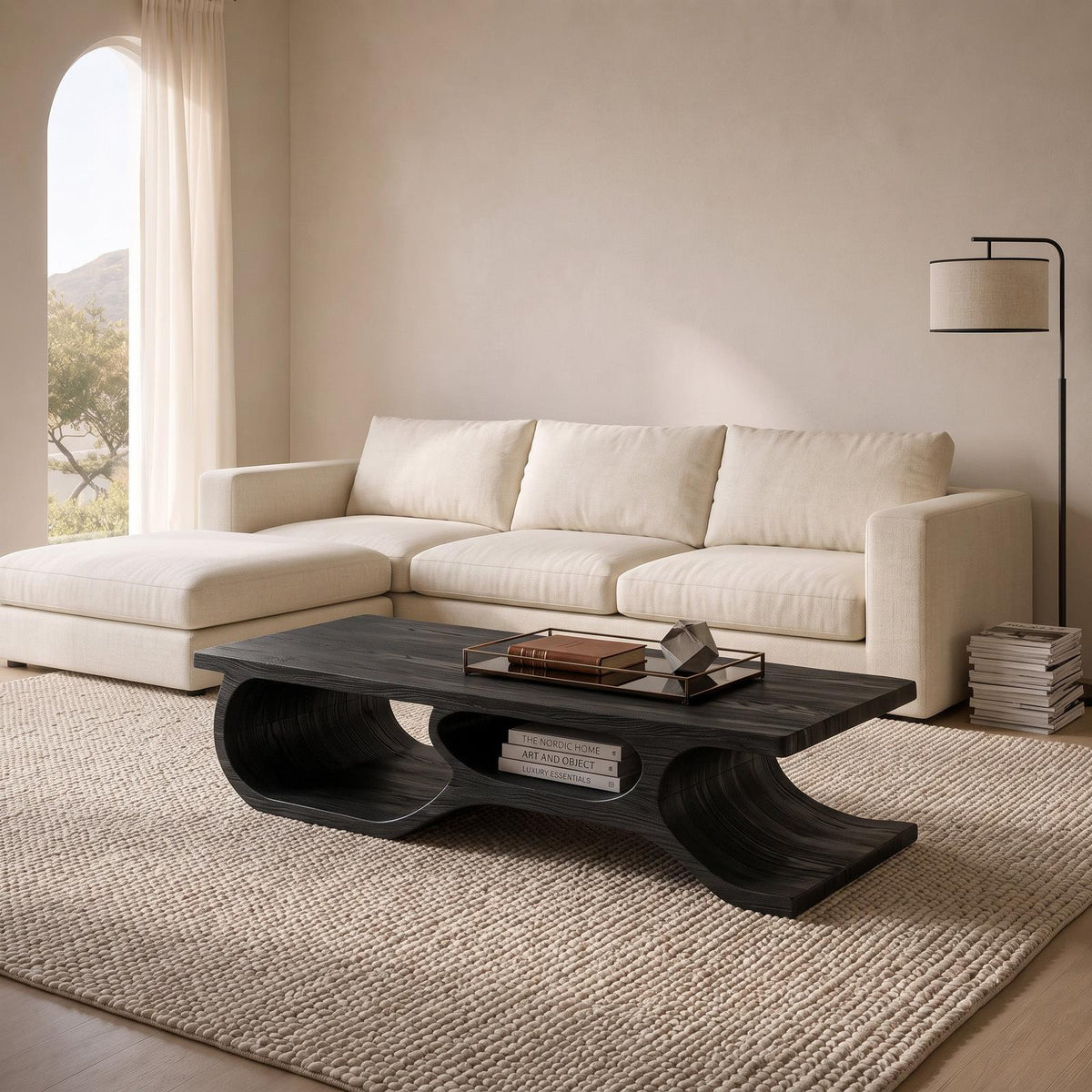 Organic Wooden Coffee Table with Open Shelf Design, Modern Low Profile Storage Center Table, Model
