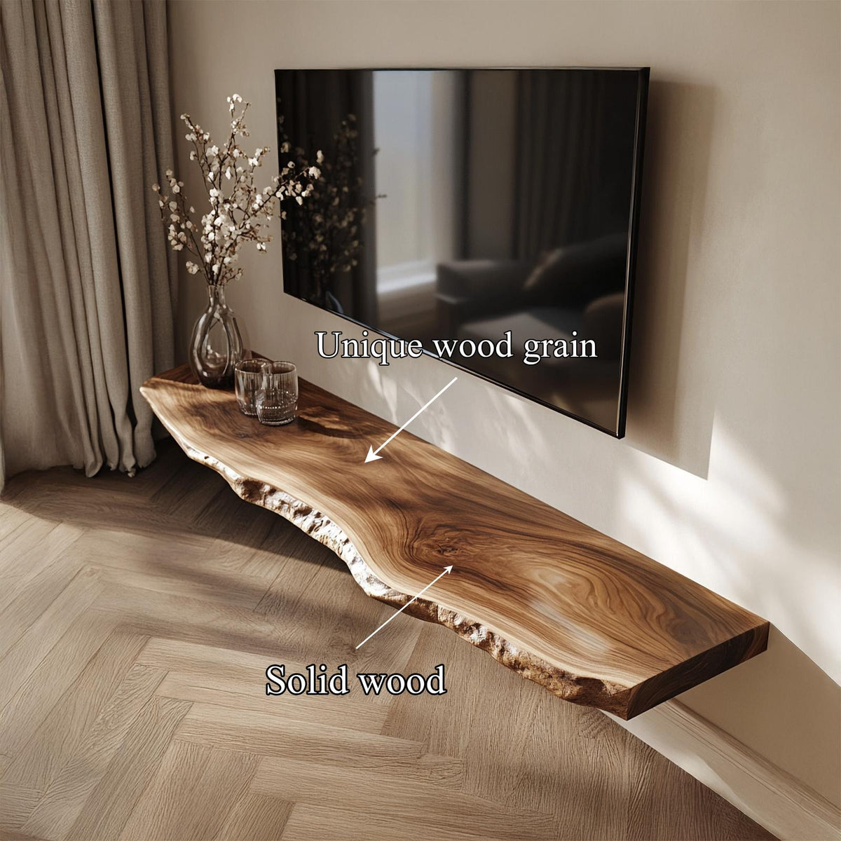 Live Edge Solid Wood Floating TV Console Organic Modern Living Room Interior