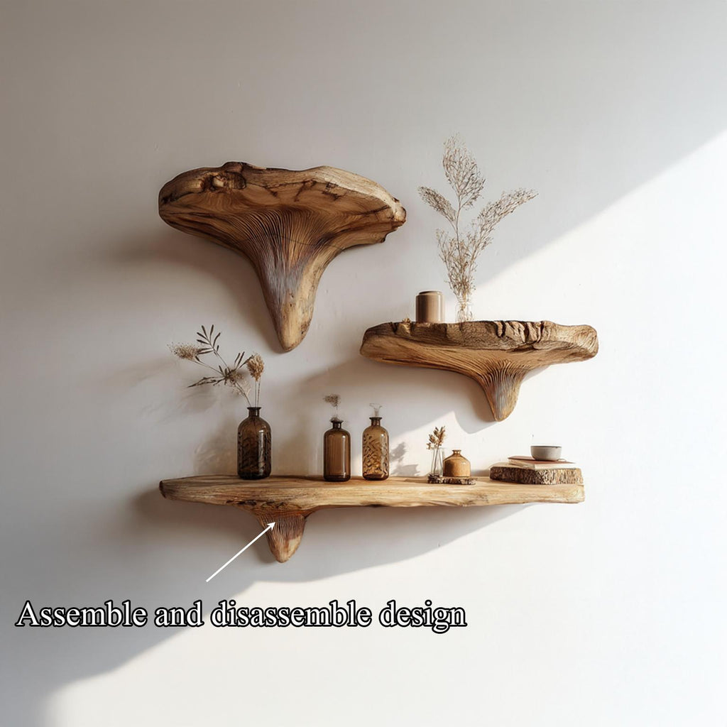 Rustic Live Edge Mushroom Floating Shelves, Handcrafted Wood Branch Wall Mounted Display Shelf for Living Room