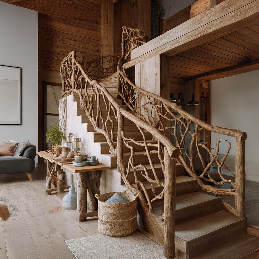 Mid Century Handcrafted Wooden Staircase Hallway