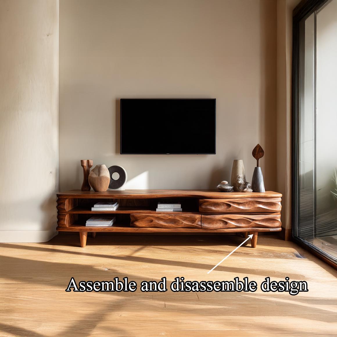 Mid-Century Sculpted Wooden TV Stand, Solid Hardwood Television Console Cabinet, Modern Living Room Entertainment Center
