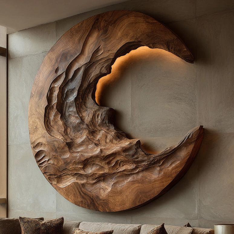 Organic Modern Crescent Wood Wall Art with Light, Lighted 3D Crescent Moon Sculpture for Living Room