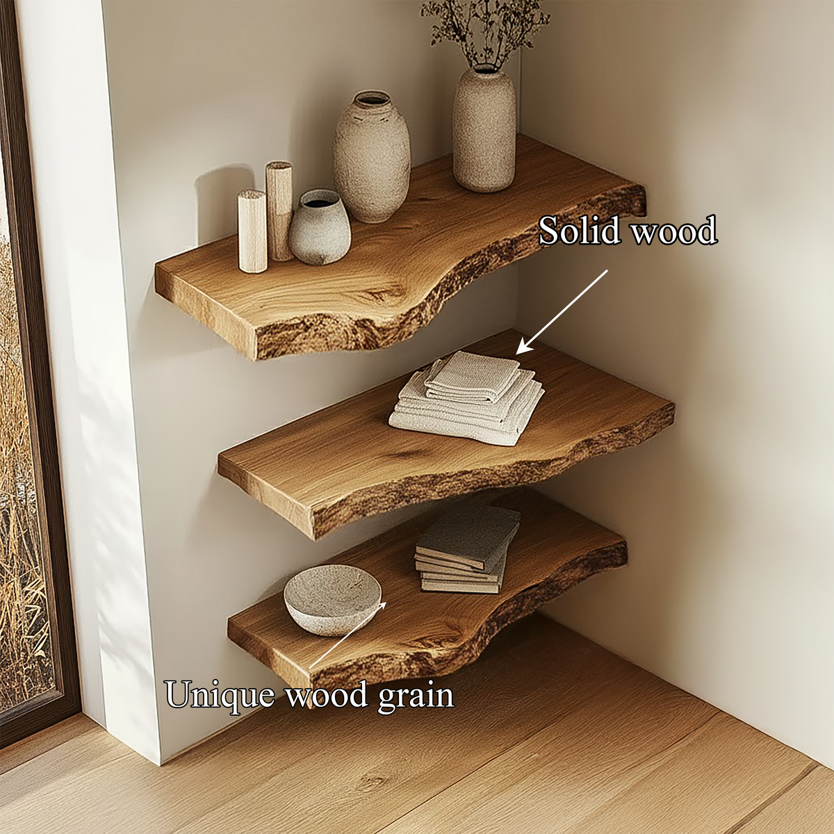 Rustic Sculptural Solid Wood Corner Floating Shelves, Handcrafted Art Display L-Shelf for Statement Wall Decor