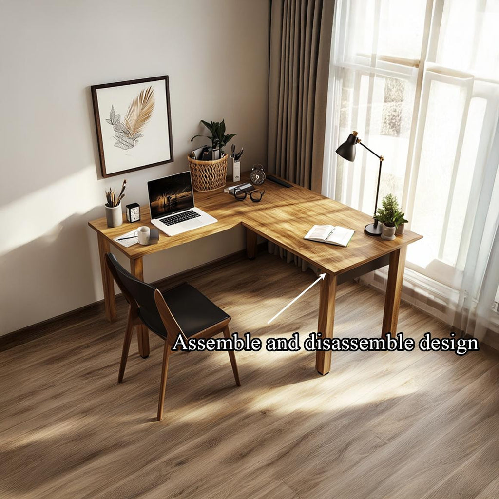 Contemporary Computer Corner Desk, Space Saving Solid Wood Writing L-Shaped Table for Home Office & Work Area