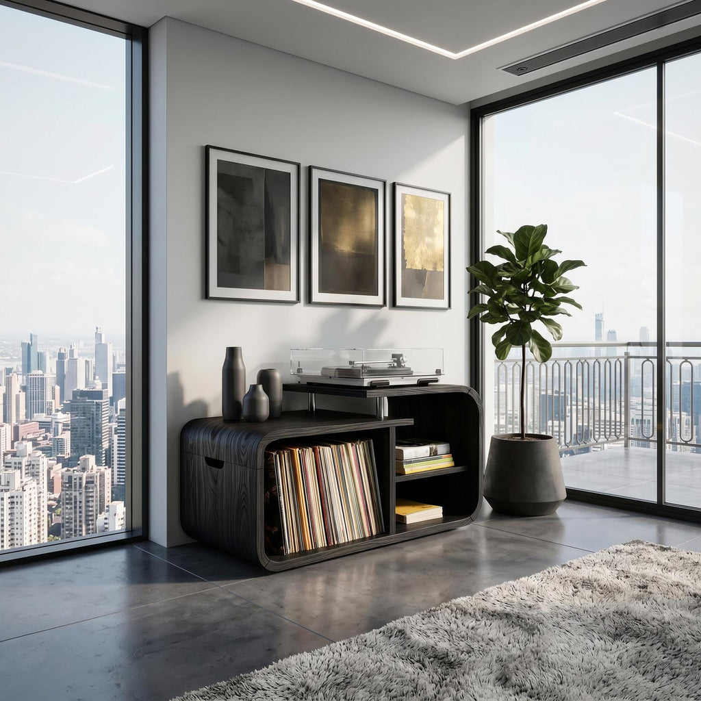 Contemporary Curved Wooden Record Player Stand, Handcrafted Modern Vinyl LP Storage Cabinet & Console, Model