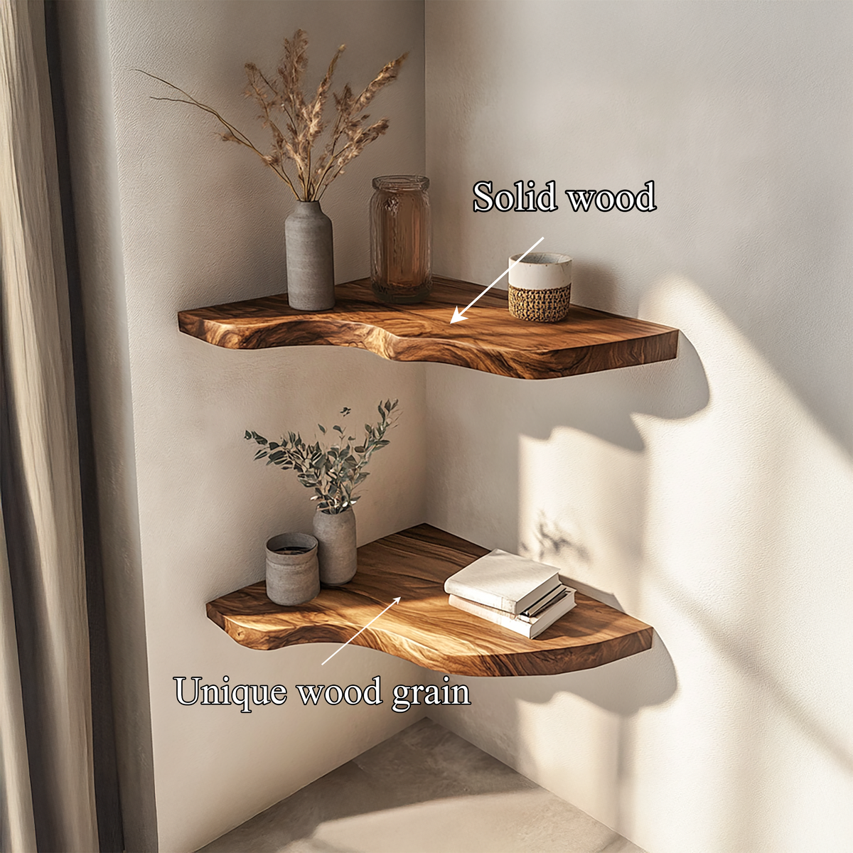 Sculptural Rustic Solid Wood Corner Floating Shelves, Handcrafted Accent L-Shelf for Living Room Statement Decor