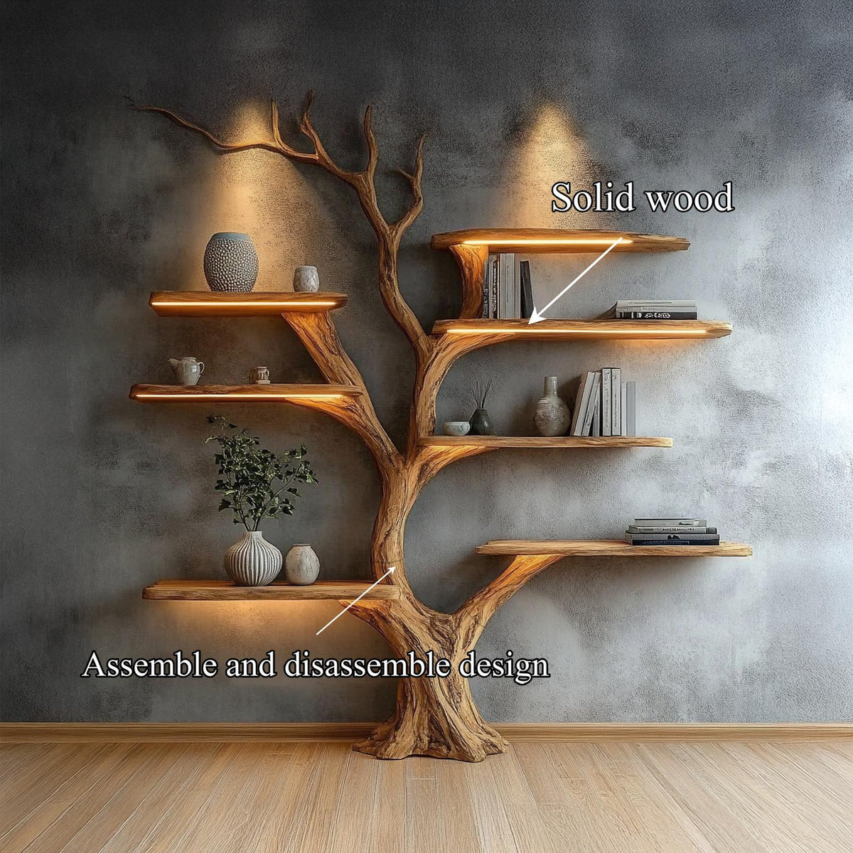 Rustic Sculptural Tree Bookshelf, Wall Mounted Wood Branch Bookcase, Statement Living Room Wall Art Feature