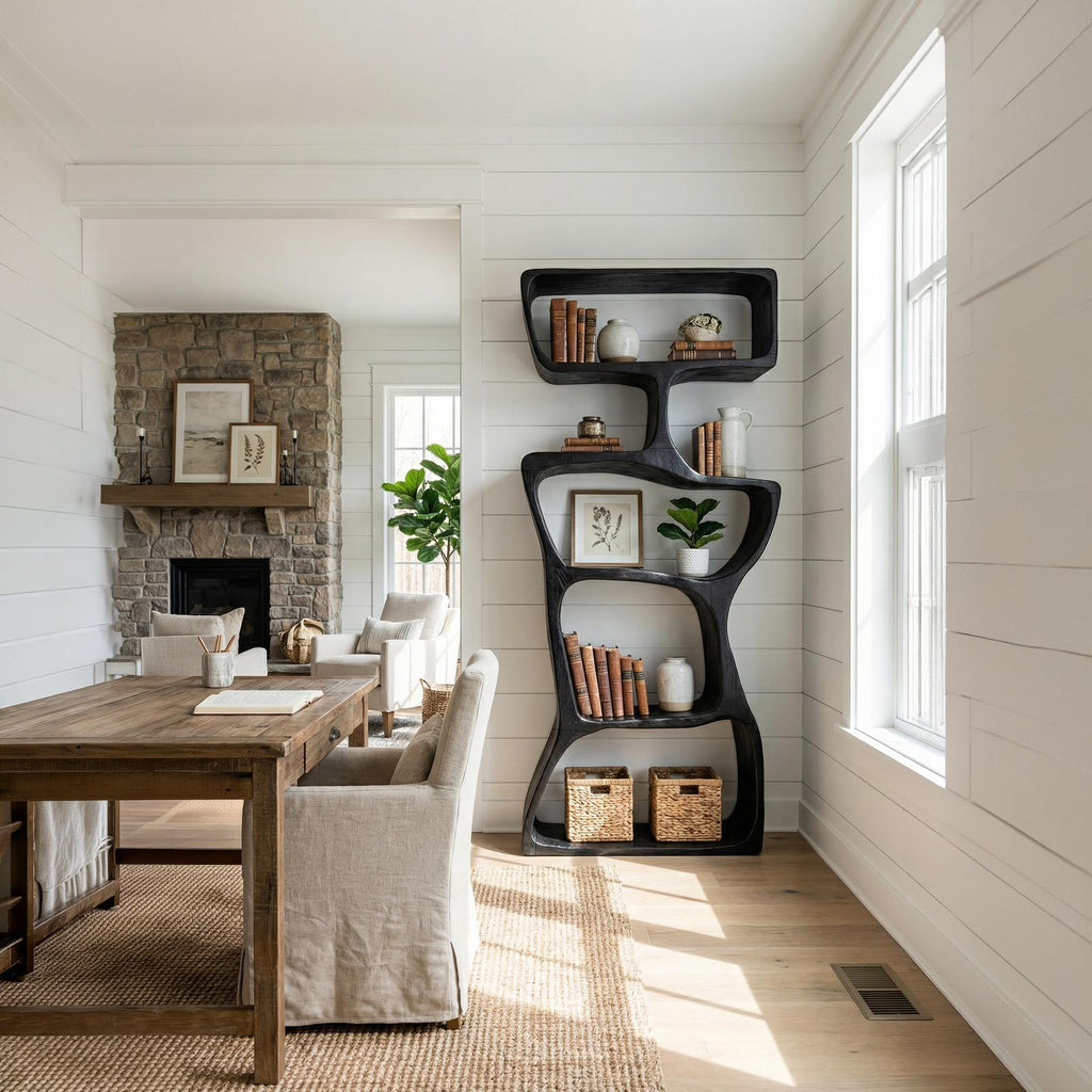 Organic Modern Asymmetrical Bookshelf, Unique Wooden Bookcase Shelf for Living Room & Reading Nook