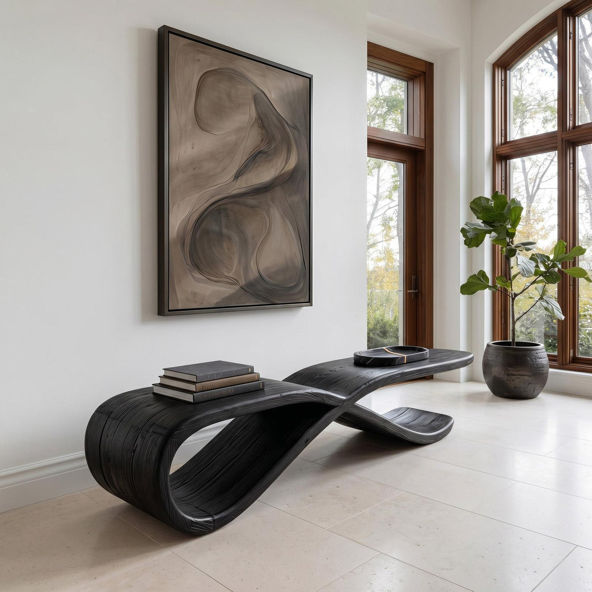 Contemporary Sculptural Wooden Bench For Hallway