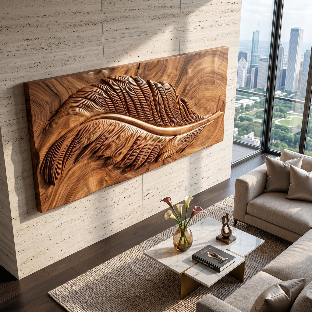 Luxury Wooden Wall Art with Feather Design, Carved Wood Feather Wall Decor Panel
