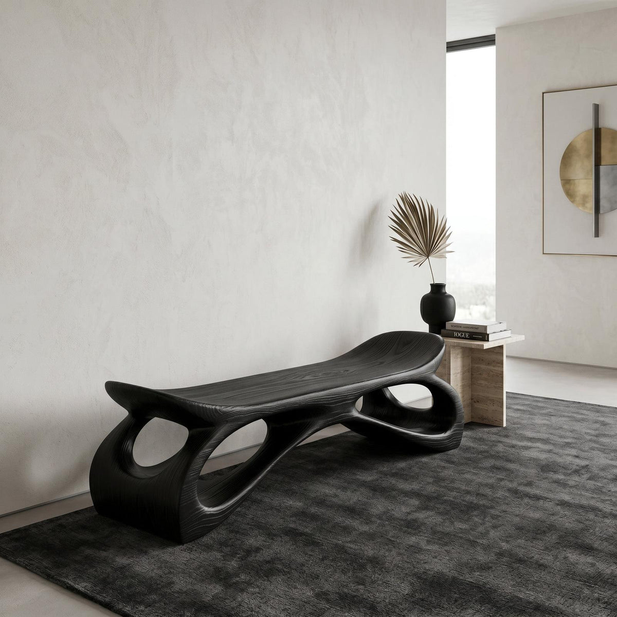 Minimalist Wooden Bench Sculpture Hollow Design For Hallway