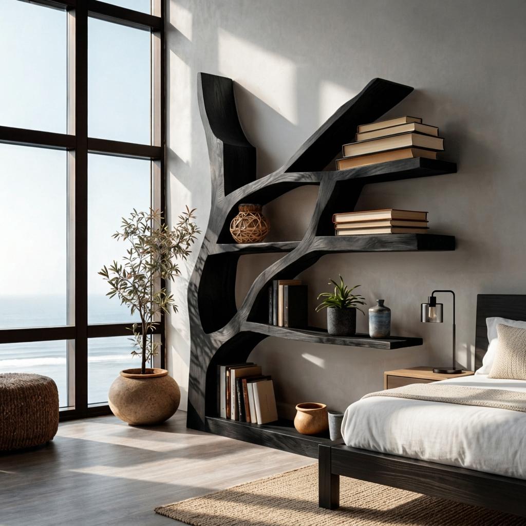 Contemporary Wooden Bookshelf with Sculptural Shape, Handcrafted Solid Wood Bookcase for Living Room & Library