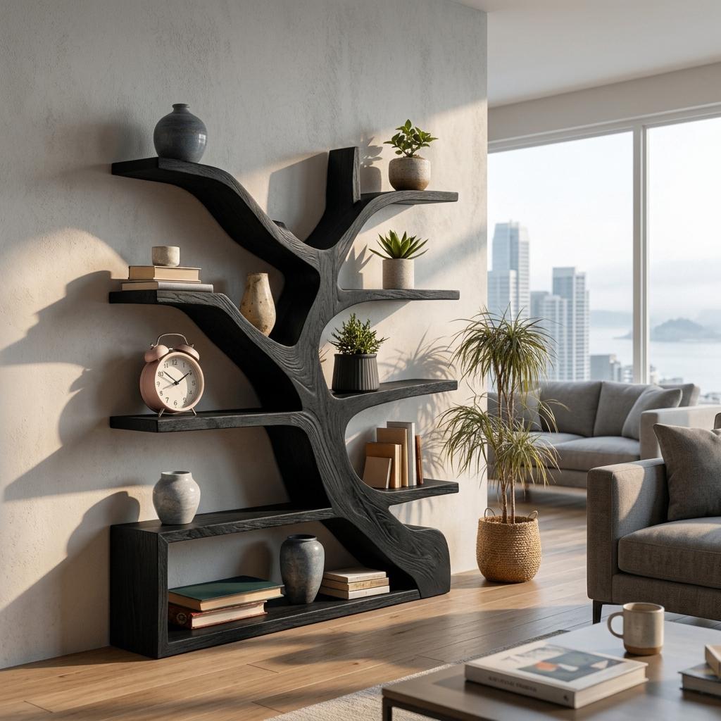 Organic Wooden Bookshelf with Branch Form, Handcrafted Solid Wood Bookcase for Living Room & Office Display