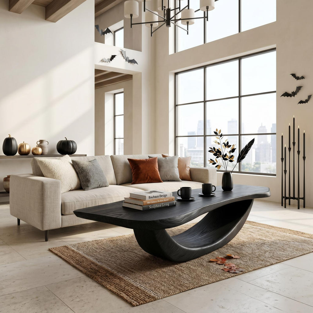Farmhouse Wooden Live Edge Coffee Table, Dark Reclaimed Solid Wood Center Cocktail Table with Metal Legs, Spooky Decor Theme, SILDTTNHCF027