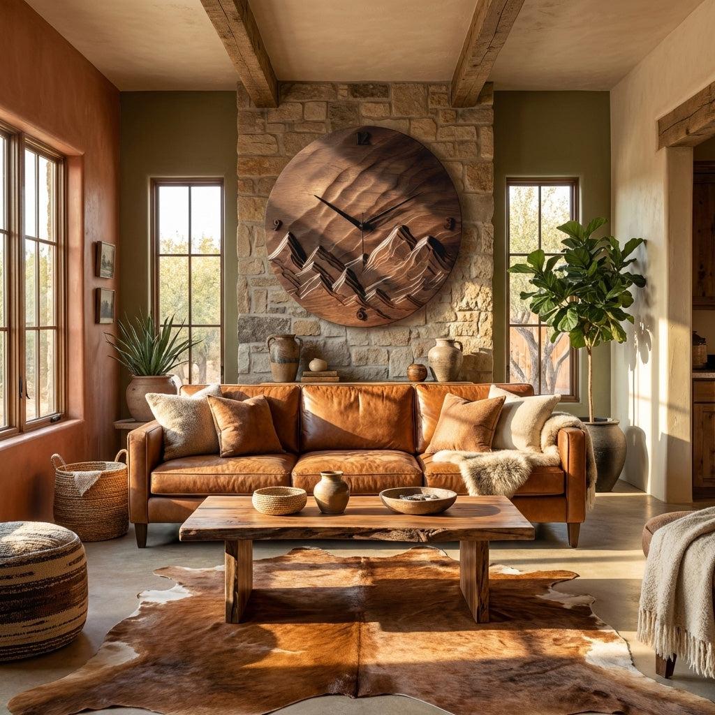 Rustic Wood Landscape Wall Clock, Handcrafted Nature Inspired Wooden Timepiece for Cabin & Living Room