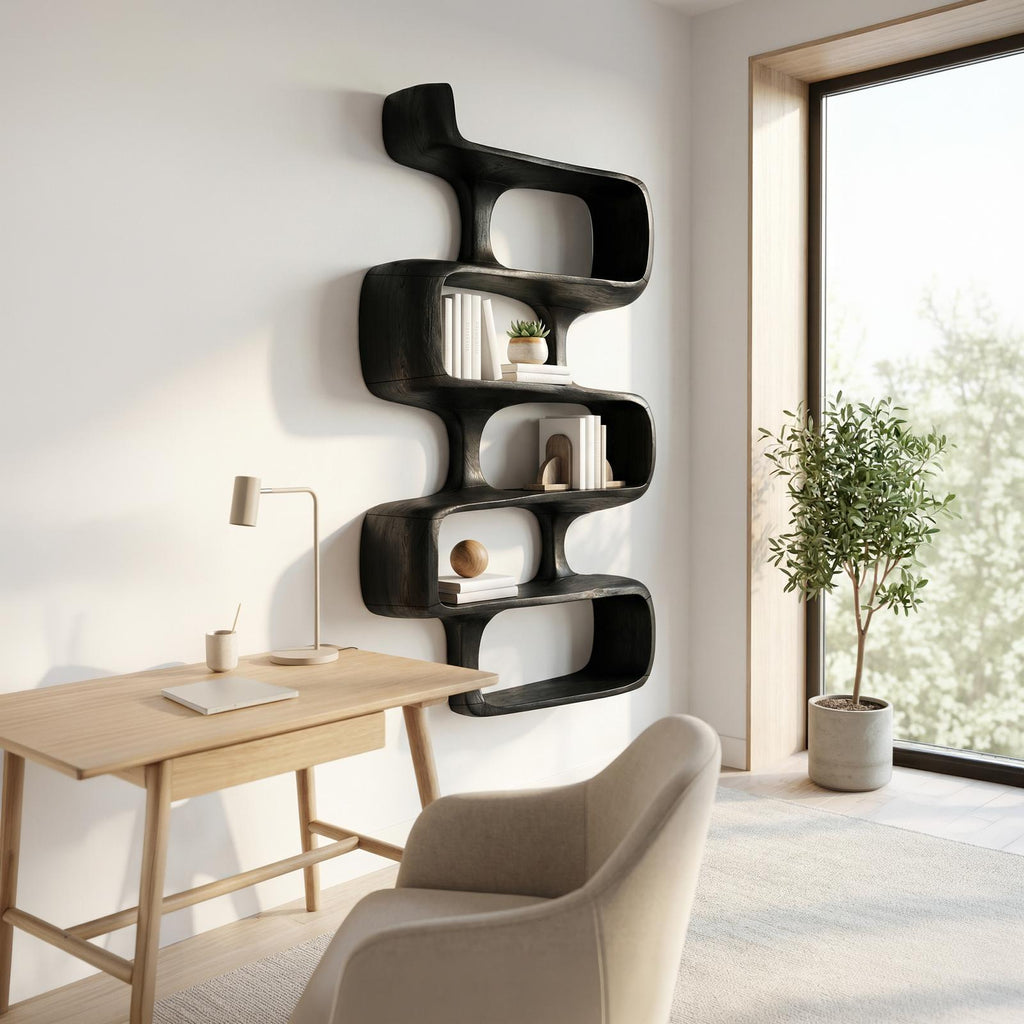 Mid-Century Modern Abstract Bookshelf, Geometric Wooden Bookcase Display Cabinet for Dining Room