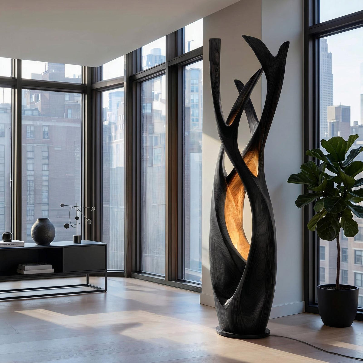 Wooden Floor Lamp, Modern Minimalist Solid Wood Standing Light with Shade for Contemporary Apartment, Model