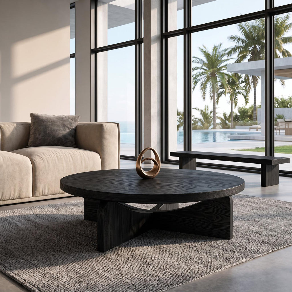 Modern Round Wood Coffee Table with Unique Geometric Base, Contemporary Solid Wood Center Table, Model