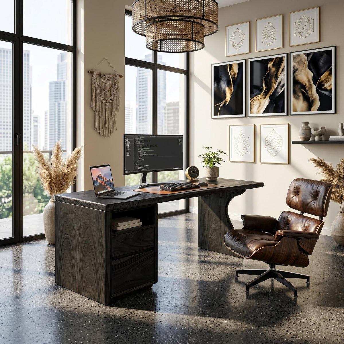 Contemporary Laptop Desk with Side Storage, Compact Wooden Writing Desk for Apartment Home Office