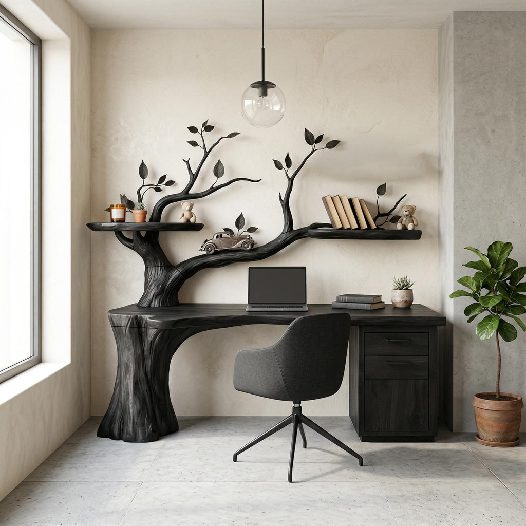 Sculptural Tree Desk With Floating Shelf Natural Branch Design Home Office And Workspace