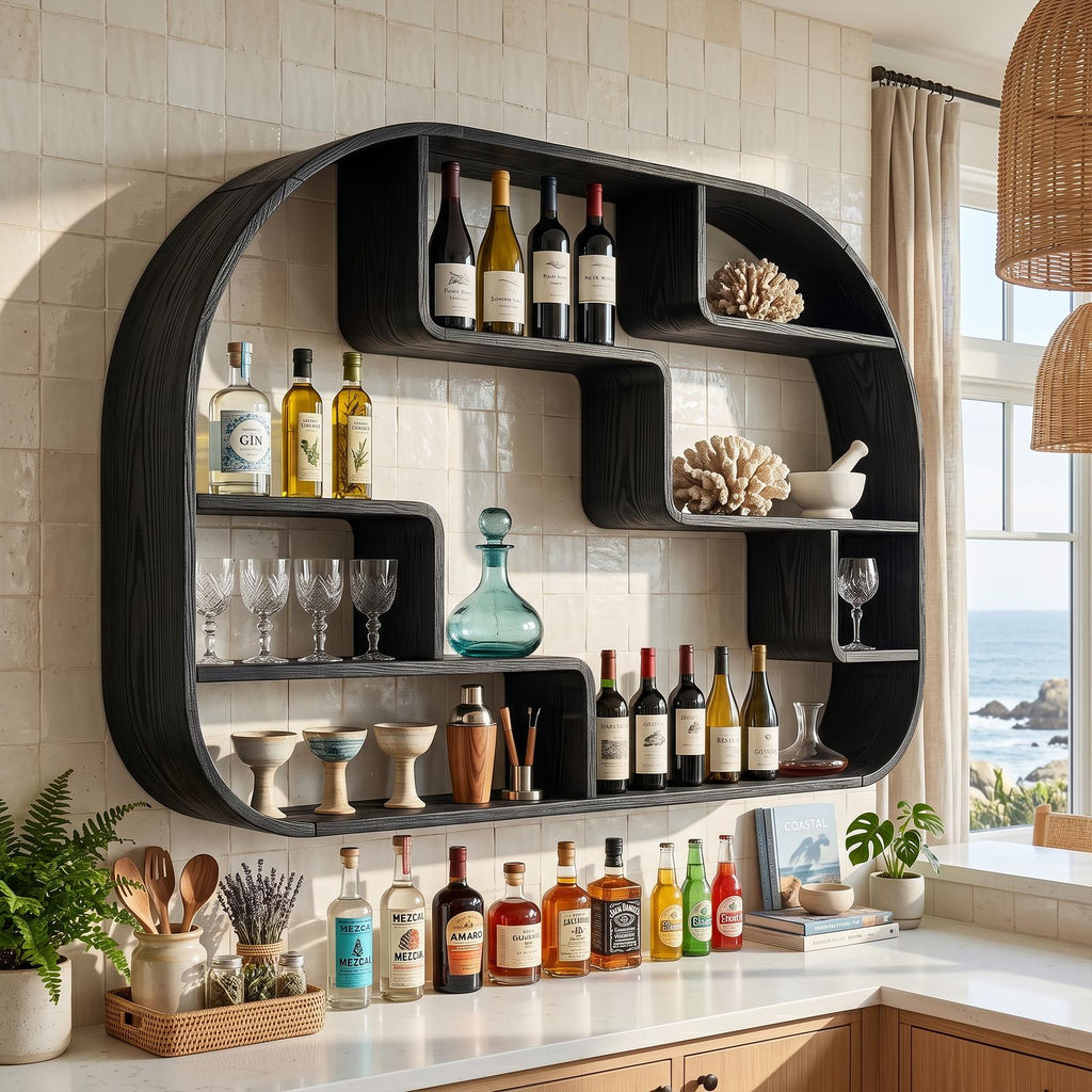 Boho Wall Mounted Wine Holder, Handcrafted Floating Wood Bottle Rack & Accent Storage Feature for Dining Space
